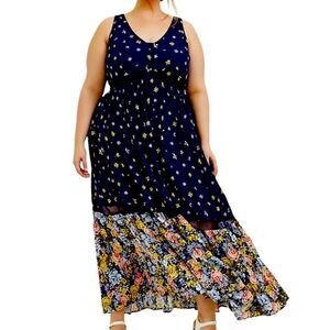 Plus Size Floral Navy Blue Sleeveless V Neck Flowy Long Summer Maxi Dress - NEW